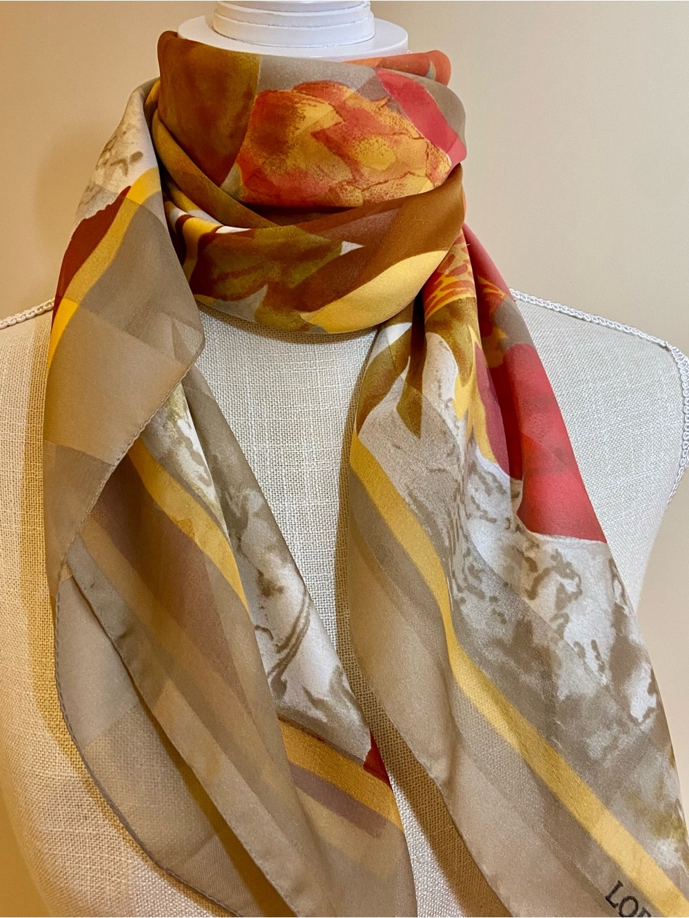 Loris Azzaro Paris Vintage Silk Scarf Beautiful Orange Gold Tan White Grey